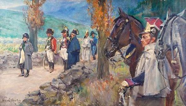 Napoleon Z Sztabem Oficerow Oil Painting by Wojciech Von Kossak