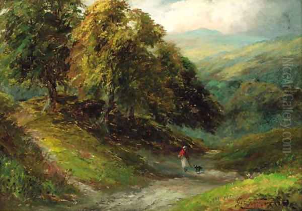 A figure on a wooded valley path Oil Painting by George Turner