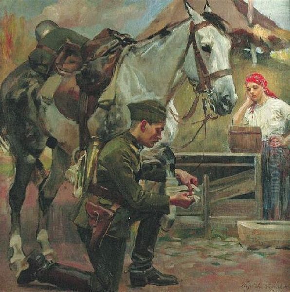 Ulan Opatrujacy Konia Oil Painting by Wojciech Von Kossak