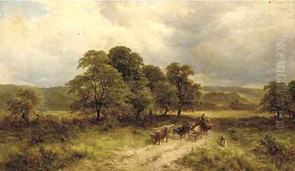 A drover with Highland cattle in a wooded landscape Oil Painting by George Turner