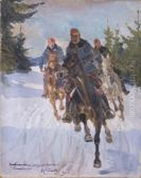 Patrol Na Gorskiej Drodze Oil Painting by Wojciech Von Kossak