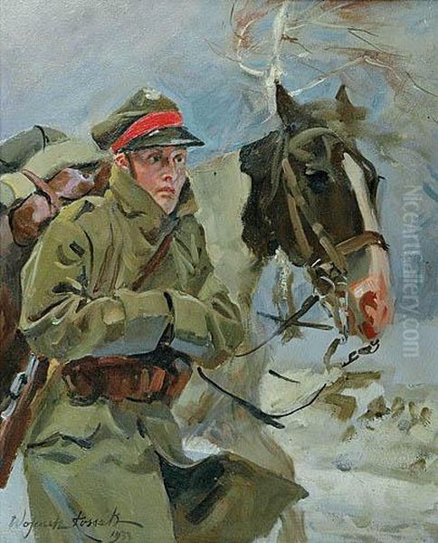 Zolnierz Z Koniem Oil Painting by Wojciech Von Kossak