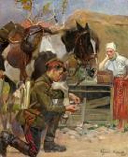 Ulan Opatrujacy Rannego Konia, 1923 R. Oil Painting by Wojciech Von Kossak