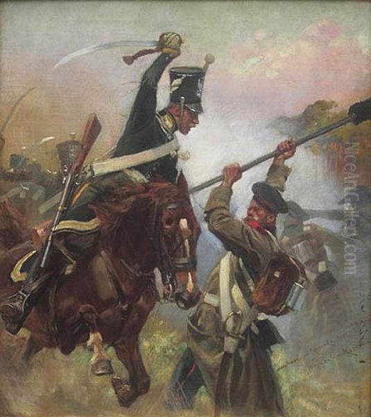 Atak Strzelcow Konnych Na Artylerie Rosyjska* Oil Painting by Wojciech Von Kossak