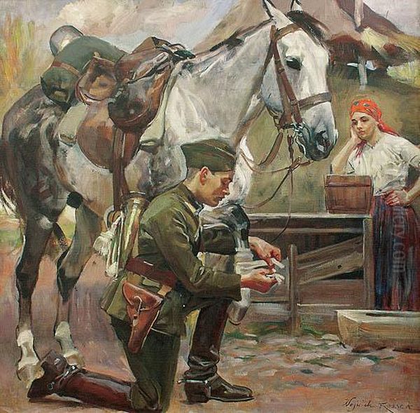 Ulan Opatrujacy Konia Oil Painting by Wojciech Von Kossak