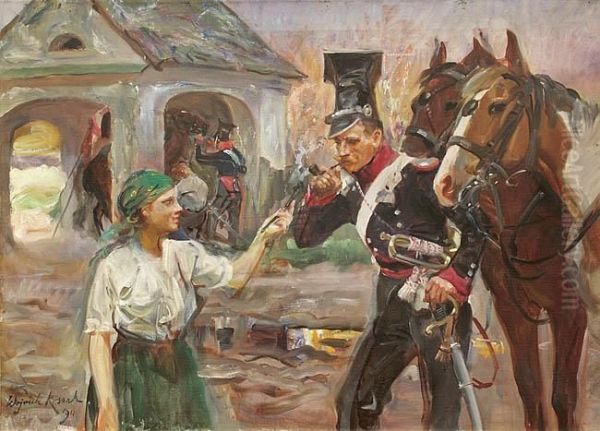 Przy Kuzni Oil Painting by Wojciech Von Kossak