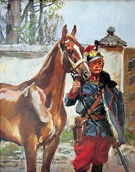 Autoportret Z Koniem Oil Painting by Wojciech Von Kossak