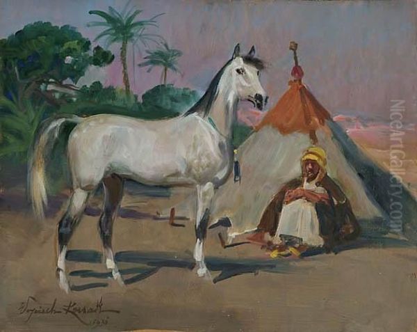 Arabski Kon I Beduin Przy Namiocie Oil Painting by Wojciech Von Kossak