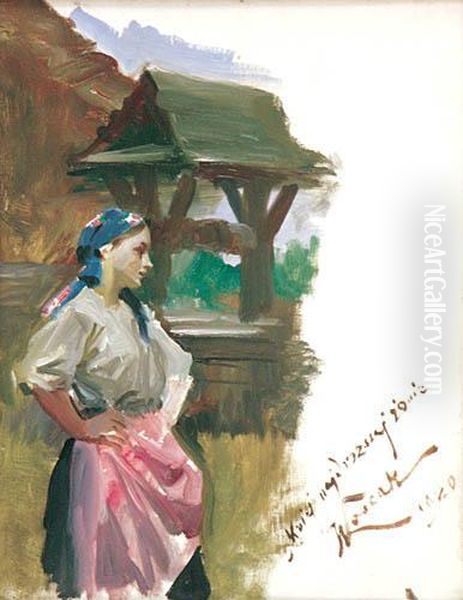 Przy Studni Oil Painting by Wojciech Von Kossak