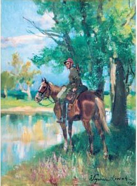 Soldat A Cheval Au Bord De Riviere Oil Painting by Wojciech Von Kossak