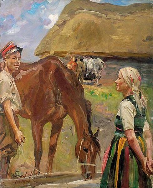 Ulan I Dziewczyna Oil Painting by Wojciech Von Kossak