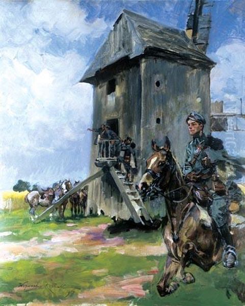 Postoj Ulanow Przy Wiatraku, [beliniacy Na Rozpoznaniu], 1917 R. Oil Painting by Wojciech Von Kossak