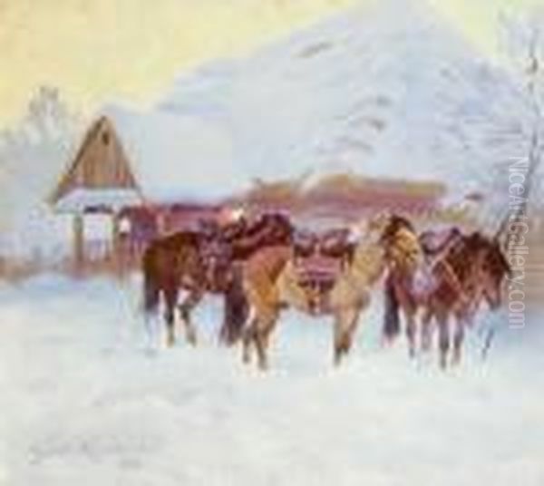 Konie Przed Chata, 1926 R. Oil Painting by Wojciech Von Kossak