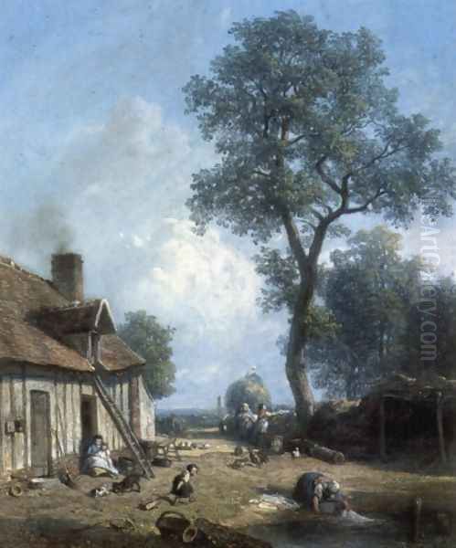 Figures in a Farmyard Oil Painting by Constant Troyon