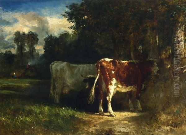 Cows in a Landscape Oil Painting by Constant Troyon