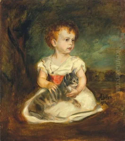 Kinderbildnis Mit Katze Oil Painting by Franz von Lenbach