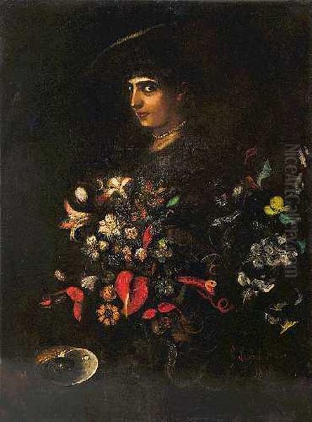 Blumenstillleben Mit Portrait Einer Jungen Dame Oil Painting by Franz von Lenbach