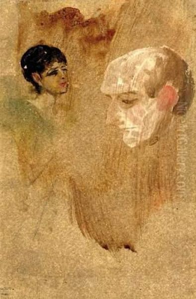 Fluchtige Skizze[brief Sketch] With Two Heads Oil Painting by Franz von Lenbach