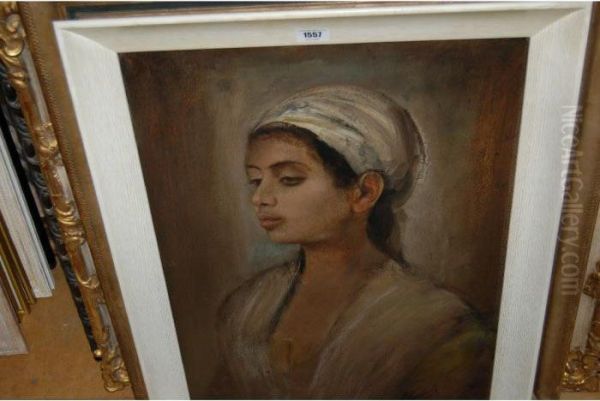 Head And Shoulder Portrait Of A Girl Wearing A White Head Scarf Oil Painting by Franz von Lenbach