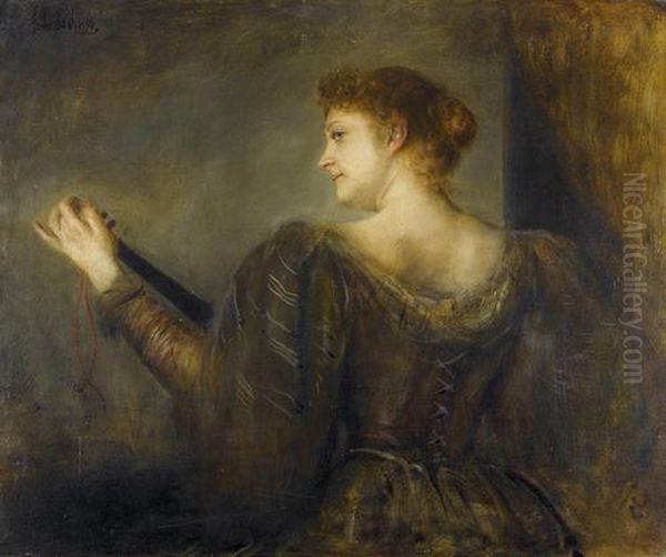 Ruckenansicht Einer Frau Beim Lautenspiel. Oil Painting by Franz von Lenbach