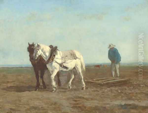 Deux chevaux atteles à une herse, conduits par un paysan Oil Painting by Constant Troyon