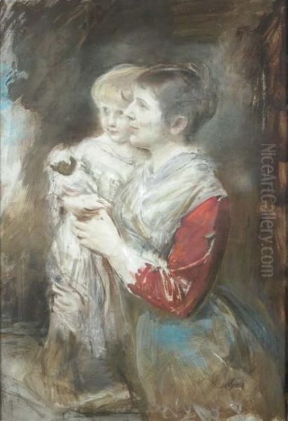 Portrait Of A Woman And Child Oil Painting by Franz von Lenbach