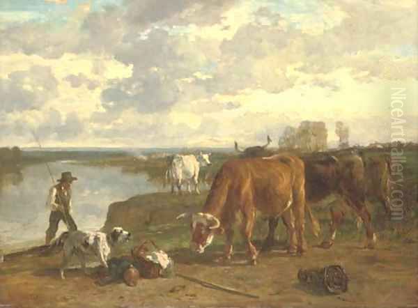 Cattle and a shepherd Oil Painting by Constant Troyon