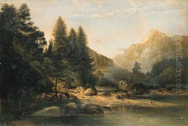 A Mountainous River Landscape Oil Painting by Franz von Lenbach