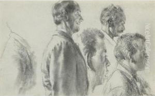 Studies Of Male Heads In Profile Oil Painting by Adolph von Menzel