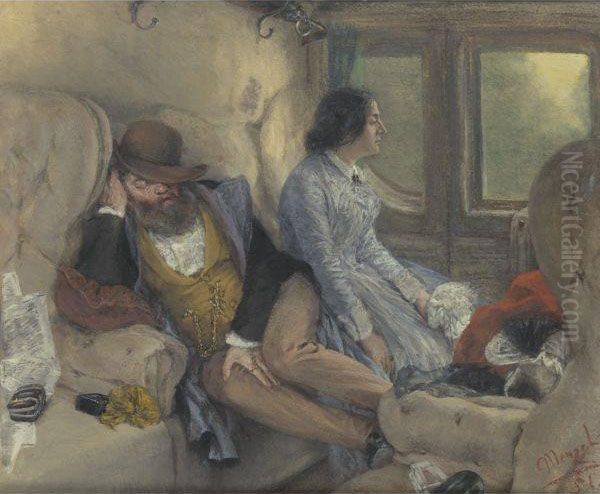 Im Eisenbahncoupe (nach Durchfahrener Nacht) 
(in A Railway Carriage (after A Night's Journey) Oil Painting by Adolph von Menzel