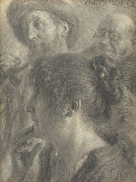 Drei Studienkopfe (three Head Studies) Oil Painting by Adolph von Menzel