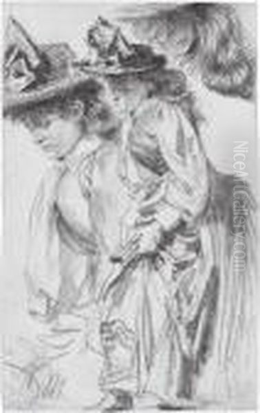 Two Studies Of A Lady Wearing A Straw Hat Oil Painting by Adolph von Menzel