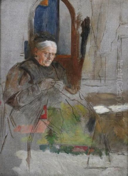 Seated Old Woman Sewing Oil Painting by Adolph von Menzel