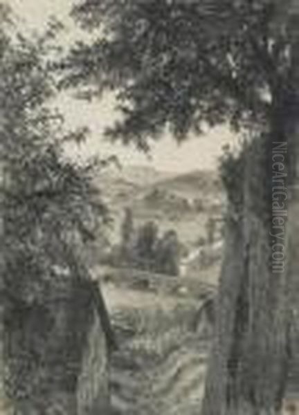 Landschaft Mit Brucke Oil Painting by Adolph von Menzel