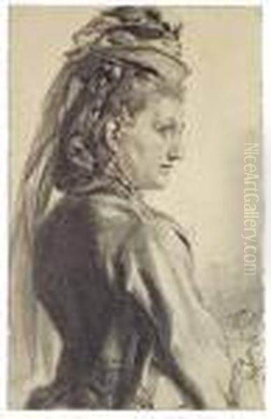 Frau Mit Hut Im Profil Nach Rechts Oil Painting by Adolph von Menzel