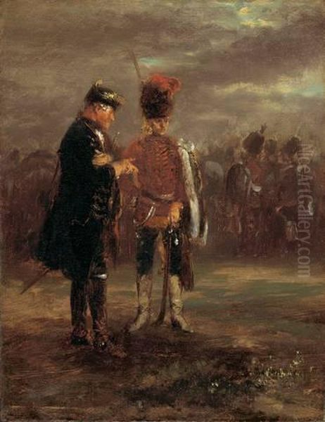 Zwei Friderizianische Offiziere Im Gesprach Oil Painting by Adolph von Menzel