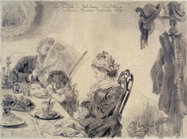 Kaffeehausszene Mit Drei Personen (in The Cafe) Oil Painting by Adolph von Menzel