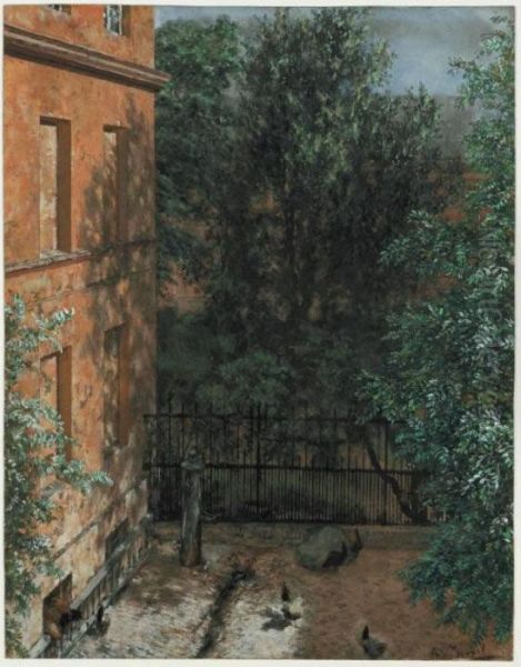 Blick In Einen Kleinen Hof (view Into A Little Yard) Oil Painting by Adolph von Menzel