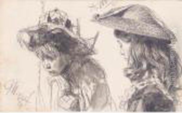 Studienblatt: Zwei Madchen (a Study Of Two Girls) Oil Painting by Adolph von Menzel