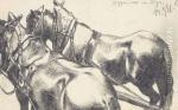 Two Carthorses In Harness, Seen From Behind Oil Painting by Adolph von Menzel