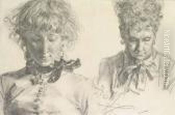 Portraits Of A Girl And An Old Woman, Bust-length Oil Painting by Adolph von Menzel