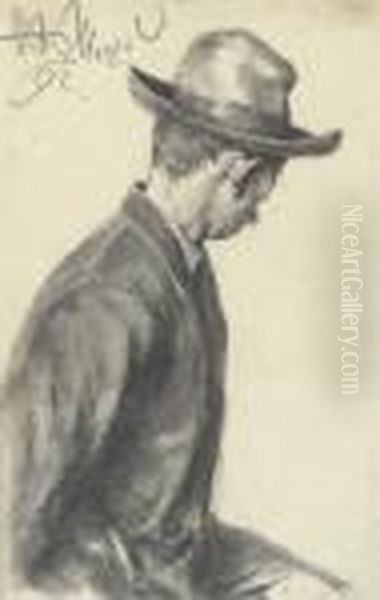 A Seated Man In A Hat, Half-length, Turning Away To The Right Oil Painting by Adolph von Menzel