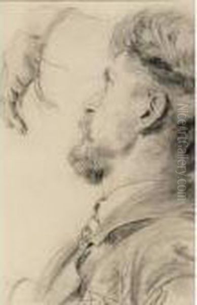 Study Of A Man In Profile With Study Of A Hand Oil Painting by Adolph von Menzel