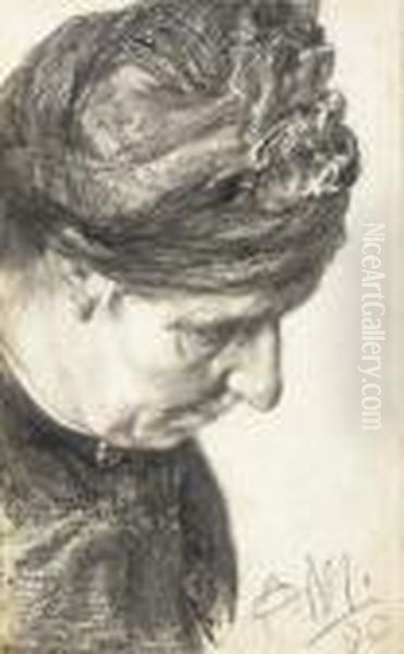 Head Of An Woman Looking Down To The Right Oil Painting by Adolph von Menzel