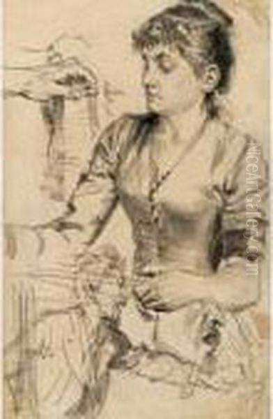 Study Of A Woman, Man And Hand Holding A Stein Oil Painting by Adolph von Menzel