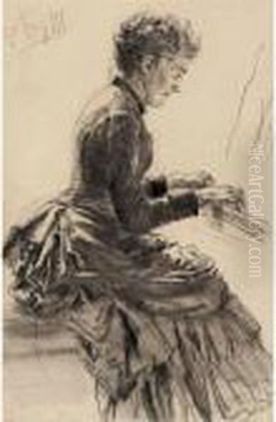 Woman Playing The Piano Oil Painting by Adolph von Menzel