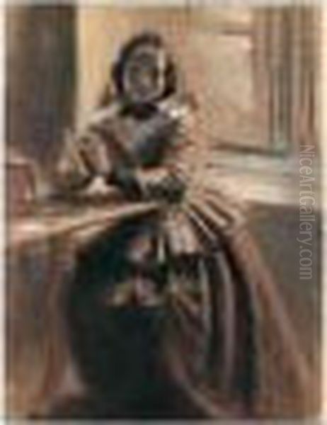 Emilie, Die Schwester Menzels (emilie, The Artist's Sister) Oil Painting by Adolph von Menzel