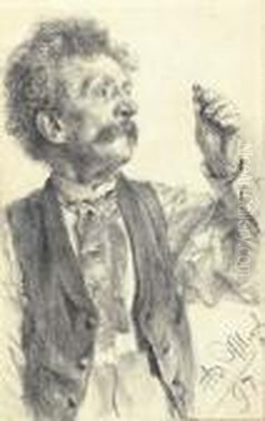 A Man Holding Up A Ring, Three-quarter-length Oil Painting by Adolph von Menzel