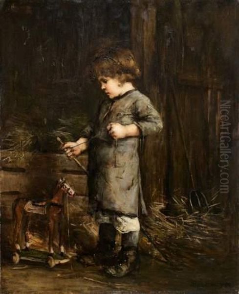 Garcon Et Son Cheval De Bois Oil Painting by Mihaly Munkacsy