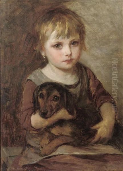 Young Girl And Her Dachshund Oil Painting by Mihaly Munkacsy